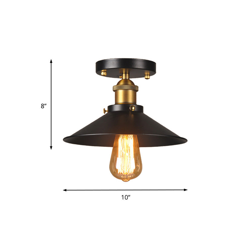 9.5"-10" Dia Flat Shade Ceiling Mounted Light: Industrial Metallic Single Head Flush Light in Black