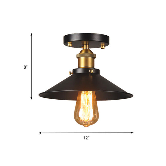 9.5"-10" Dia Flat Shade Ceiling Mounted Light: Industrial Metallic Single Head Flush Light in Black