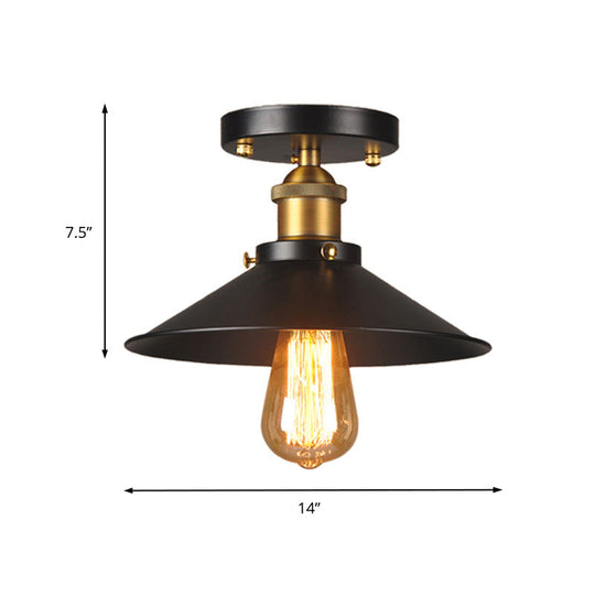 9.5"-10" Dia Flat Shade Ceiling Mounted Light: Industrial Metallic Single Head Flush Light in Black