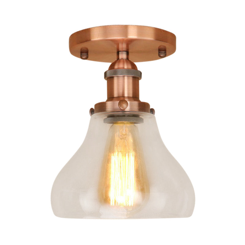 Farmhouse Cone Clear Glass Ceiling Lighting Fixture - Single Bulb Semi Flush Mount in Black/Brass/Copper