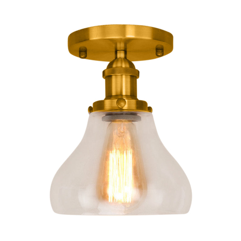 Farmhouse Cone Clear Glass Ceiling Lighting Fixture - Single Bulb Semi Flush Mount in Black/Brass/Copper