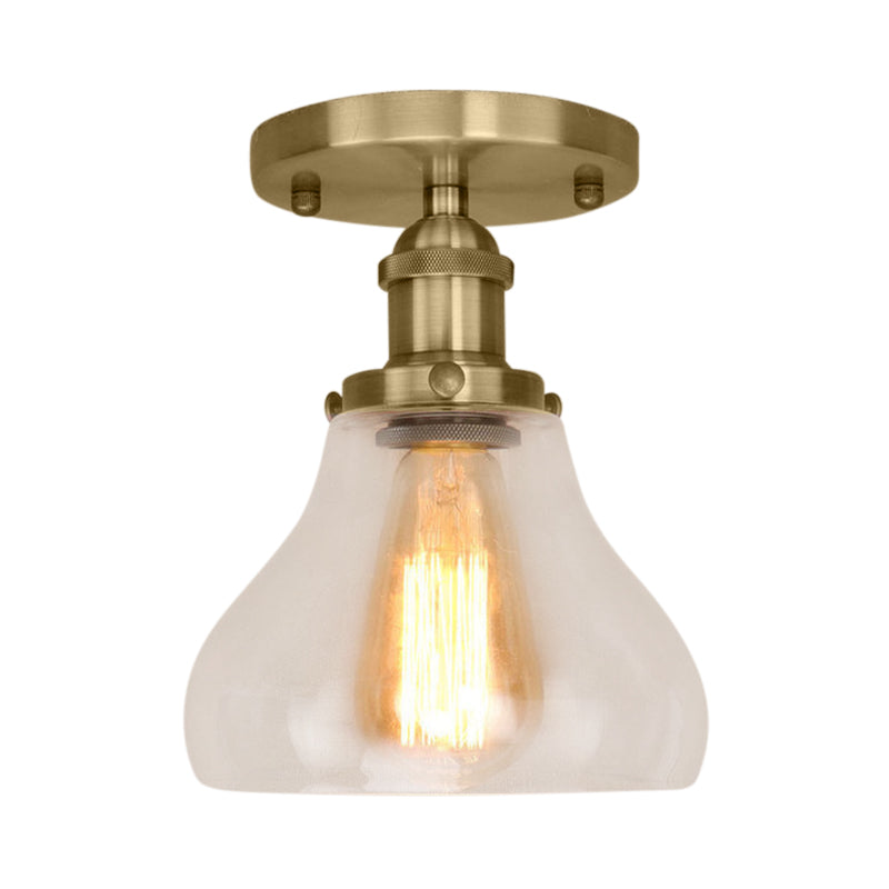 Farmhouse Cone Clear Glass Ceiling Lighting Fixture - Single Bulb Semi Flush Mount in Black/Brass/Copper