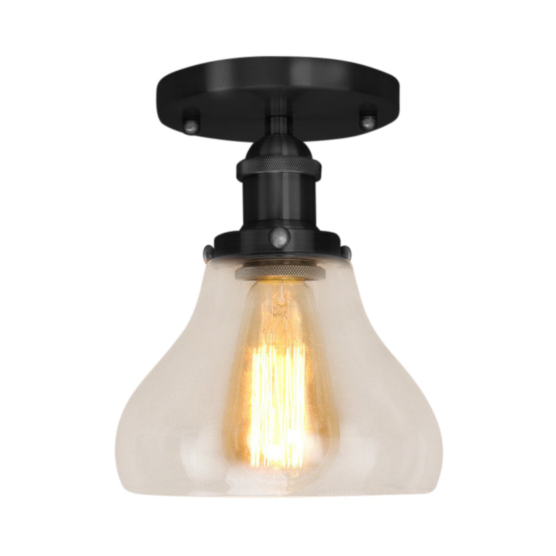 Farmhouse Cone Clear Glass Ceiling Lighting Fixture - Single Bulb Semi Flush Mount in Black/Brass/Copper