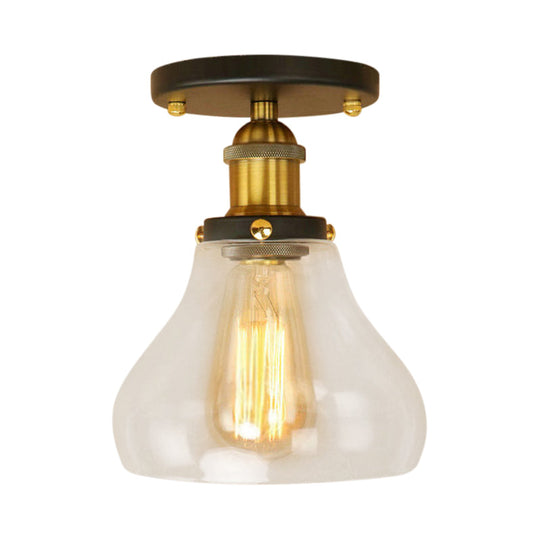 Farmhouse Cone Clear Glass Ceiling Lighting Fixture - Single Bulb Semi Flush Mount in Black/Brass/Copper