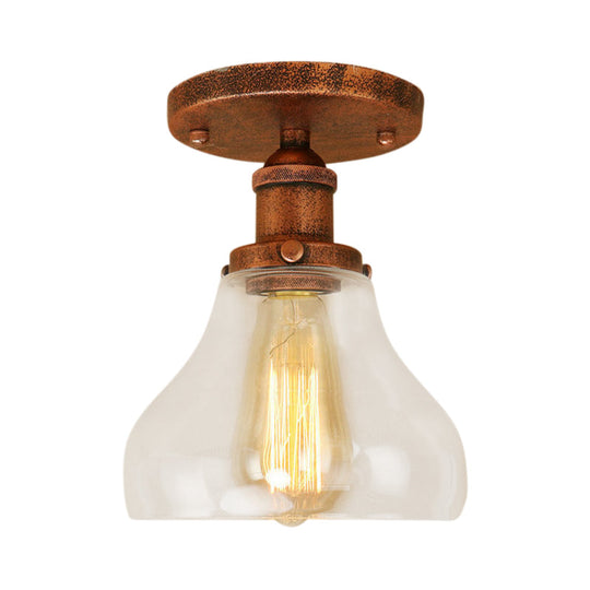 Farmhouse Cone Clear Glass Ceiling Lighting Fixture - Single Bulb Semi Flush Mount in Black/Brass/Copper