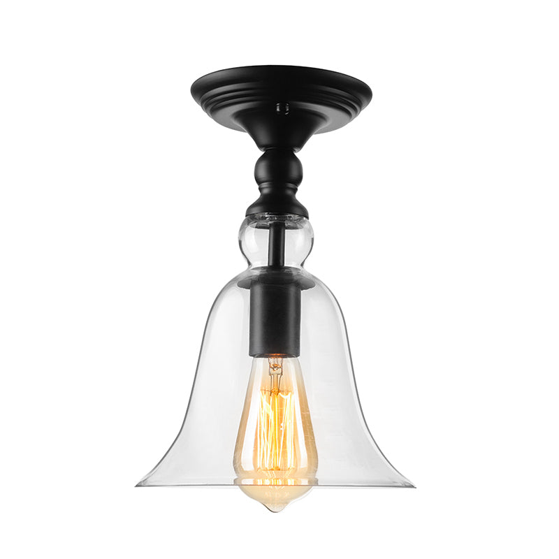 Industrial Clear Glass Semi Flush Mount Ceiling Light with Flared Shade and Black Finish