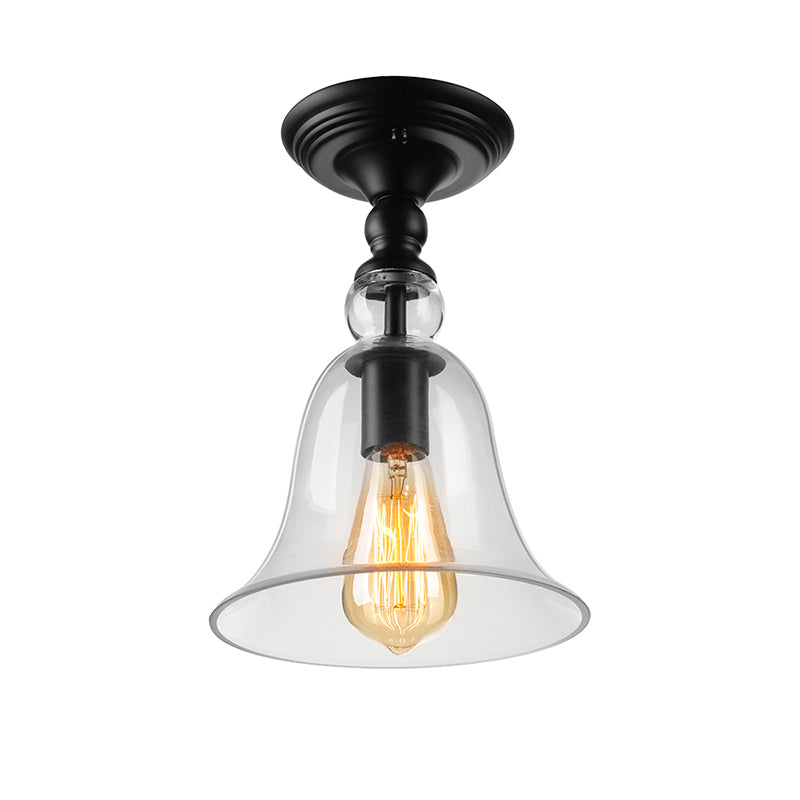 Industrial Clear Glass Semi Flush Mount Ceiling Light with Flared Shade and Black Finish