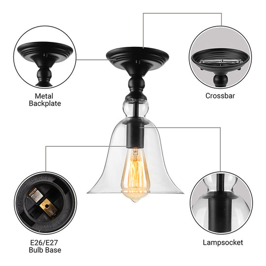 Industrial Clear Glass Semi Flush Mount Ceiling Light with Flared Shade and Black Finish