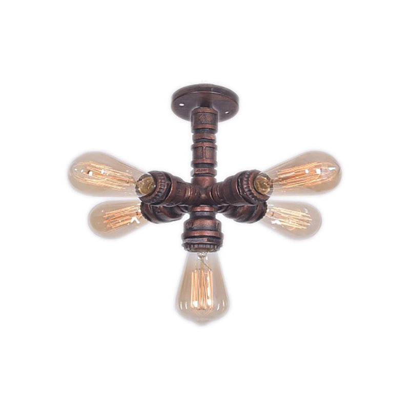 Copper Sputnik Semi Mount Ceiling Lamp With Water Pipe Farmhouse Wrought Iron - 5 Bulbs