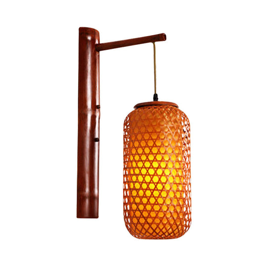 Hand-Knitted Asian Bamboo Wall Lamp: 1-Light Beige Sconce Fixture With Lantern Design For Hallway