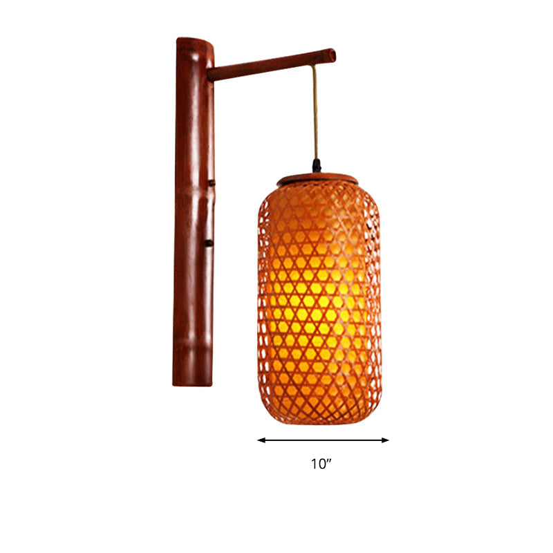 Hand-Knitted Asian Bamboo Wall Lamp: 1-Light Beige Sconce Fixture With Lantern Design For Hallway