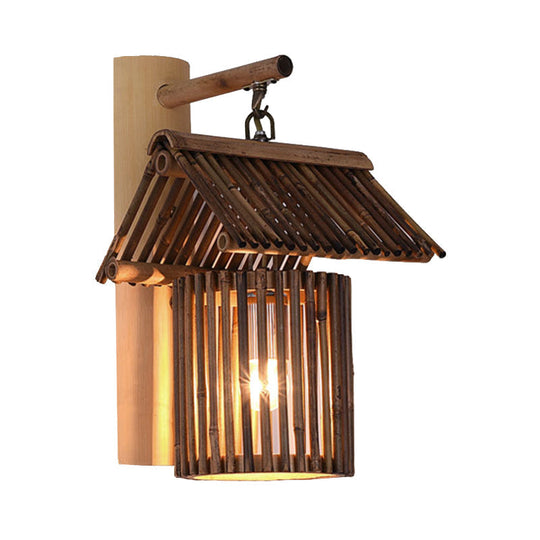 Lodge-Style Beige Wall Sconce With House Bamboo Shade - Bedroom Light