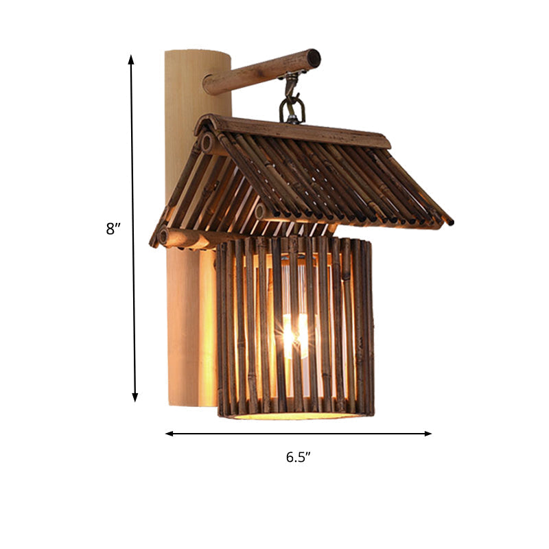 Lodge-Style Beige Wall Sconce With House Bamboo Shade - Bedroom Light