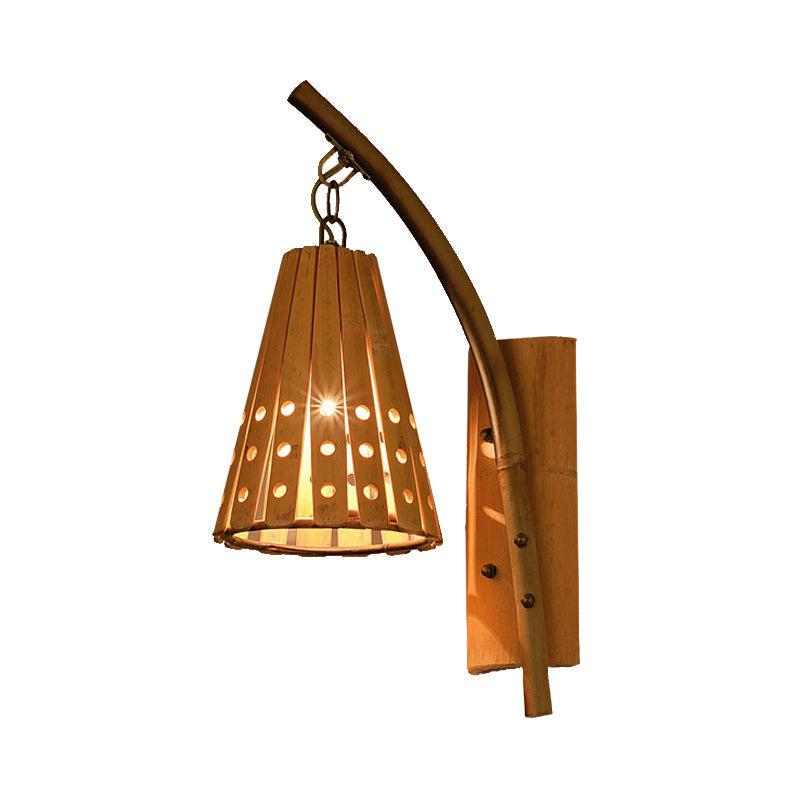 Wood Wall Lamp With Bamboo Cone Shade & Lodge Style Hollow Design - Perfect For Bedroom (Left/Right)