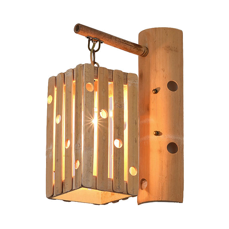 Countryside Bamboo Wood Wall Lamp With Pierced Design - 1-Light Rectangular Lighting For Bedroom