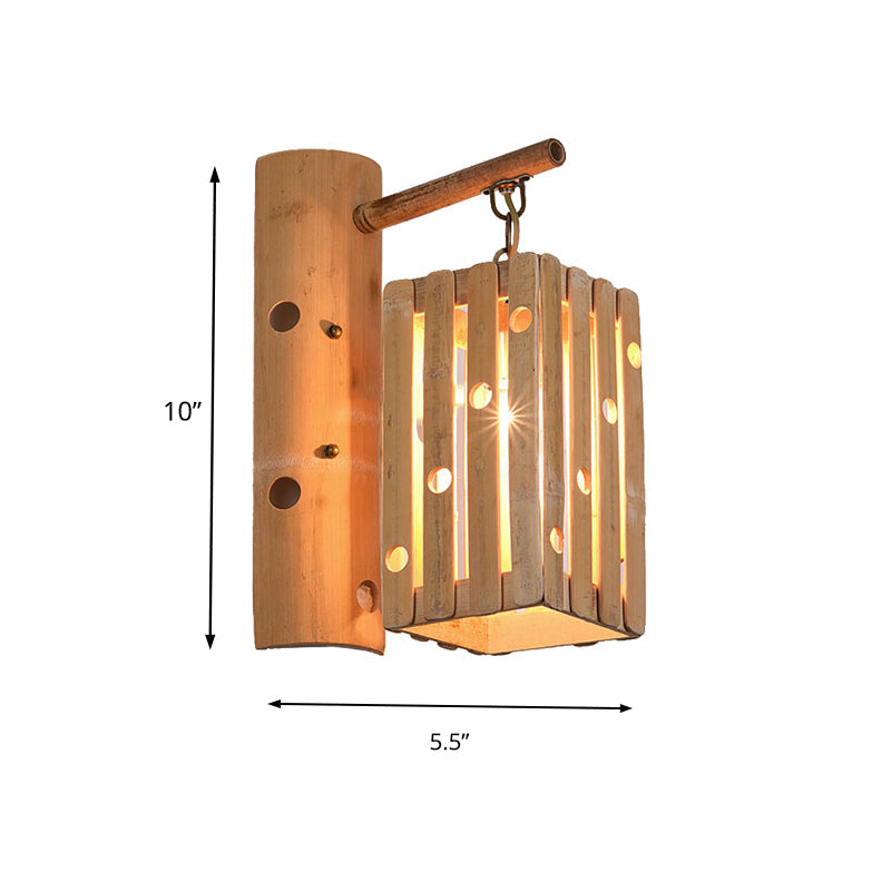 Countryside Bamboo Wood Wall Lamp With Pierced Design - 1-Light Rectangular Lighting For Bedroom