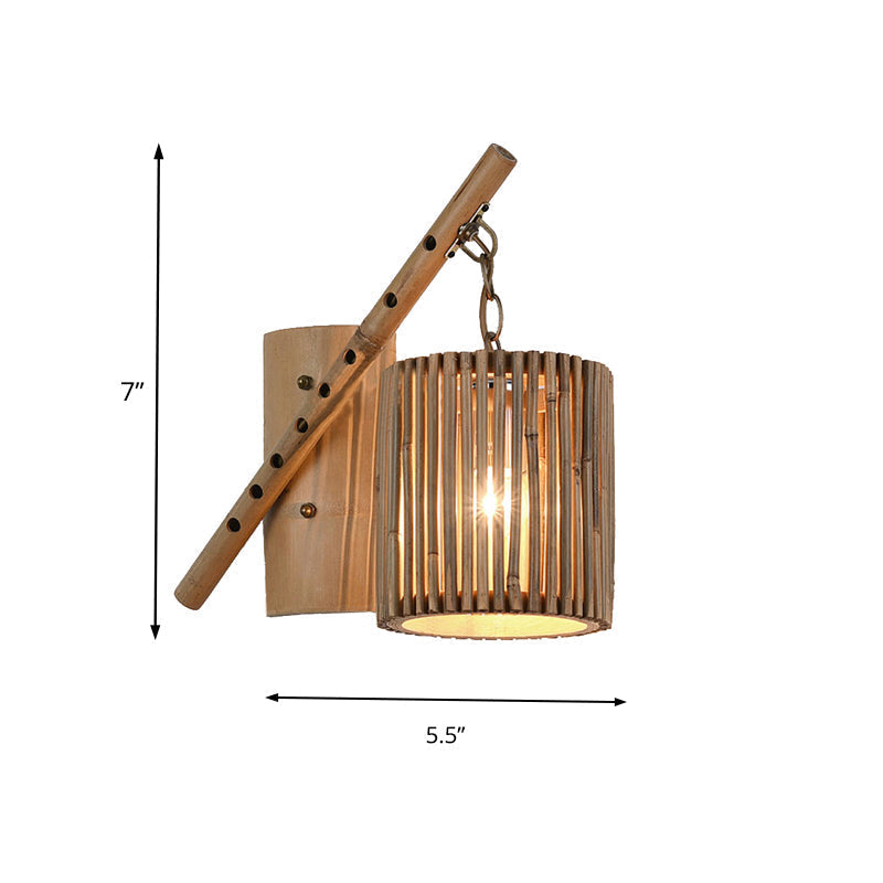 Bamboo Cylindrical Shade Wall Sconce - Asian Style 1 Light Wood Lamp With Flute Decoration