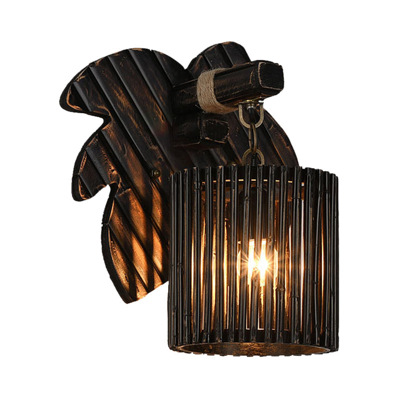 Stylishly Modern Black Cylindrical Wall Light With Bamboo Lamp And Wooden Leaf Backplate