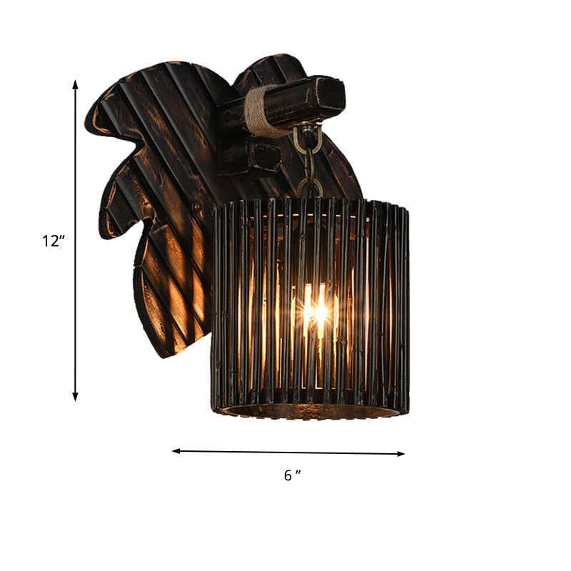 Stylishly Modern Black Cylindrical Wall Light With Bamboo Lamp And Wooden Leaf Backplate