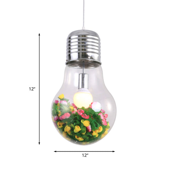 Clear Glass Bulb Pendant Lamp - Industrial Style 1-Light Hanging Light with Artificial Flower, 6"/9" Wide