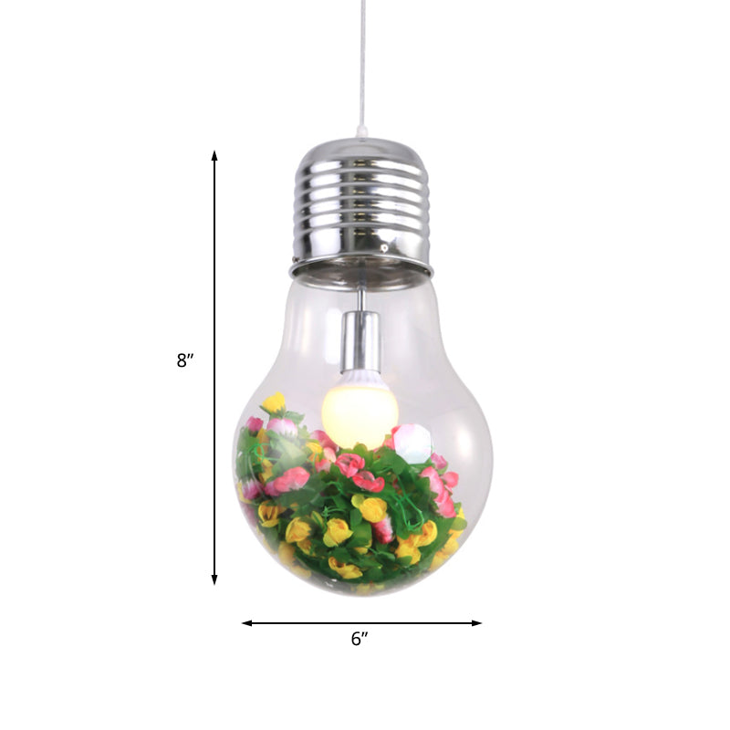 Clear Glass Bulb Pendant Lamp - Industrial Style 1-Light Hanging Light with Artificial Flower, 6"/9" Wide