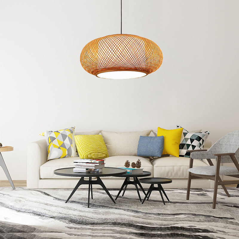 Asian Stylish Curved Bamboo Pendant Light - 16/19.5 Width 1 Beige Ideal For Living Rooms