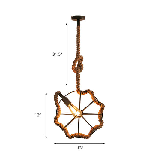 Industrial Beige Rope And Metal Adjustable Pendant Ceiling Light - Head Wheel Cage Design