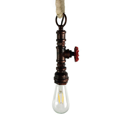 Industrial 1-Light Wrought Iron Pipe Pendant with Adjustable Rope - Aged Silver/Copper