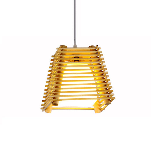 Trapezoid Bamboo Pendant Light With White Glass Shade - Modern Natural Wood Ceiling Fixture