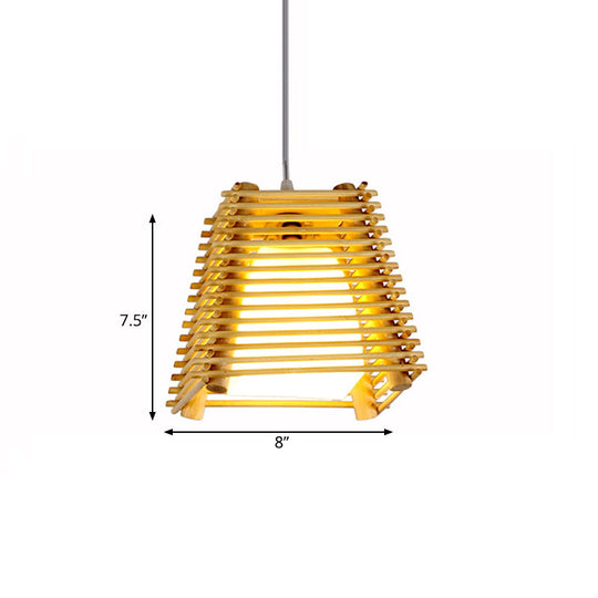 Trapezoid Bamboo Pendant Light With White Glass Shade - Modern Natural Wood Ceiling Fixture