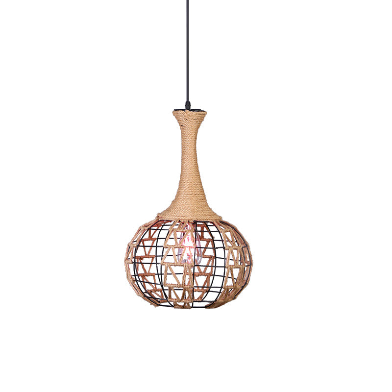 Beige Nautical Globe Cage Pendant Light with Metal & Rope Suspension - Ideal for Dining Room - 1 Light