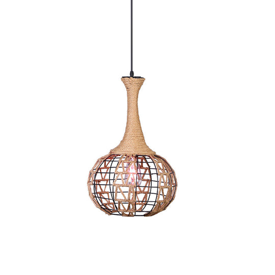 Beige Nautical Globe Cage Pendant Light with Metal & Rope Suspension - Ideal for Dining Room - 1 Light