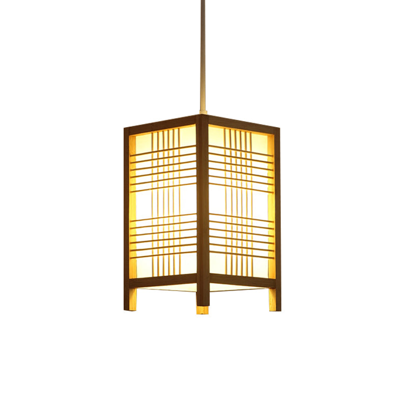 Japanese Natural Wood Pendant Lamp - 6/8.5 Wide Square Hanging Lantern Light For Foyer Dining Room