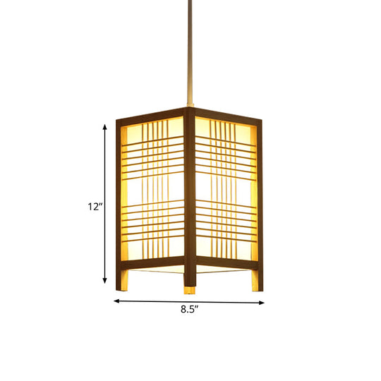 Japanese Natural Wood Pendant Lamp - 6/8.5 Wide Square Hanging Lantern Light For Foyer Dining Room