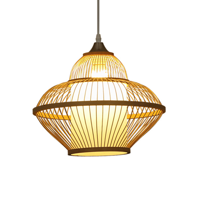 Asian Stylish Beige Gourd Shaped Bamboo Pendant Lamp - 1 Light Hanging Lighting With Inner Cylinder