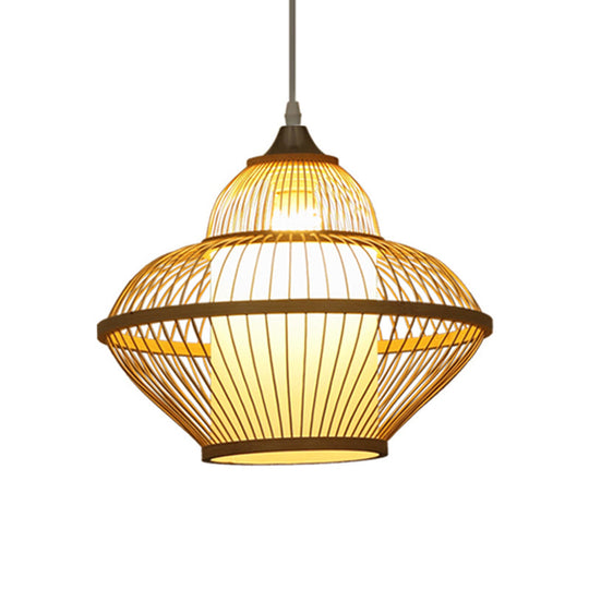 Asian Stylish Beige Gourd Shaped Bamboo Pendant Lamp - 1 Light Hanging Lighting With Inner Cylinder