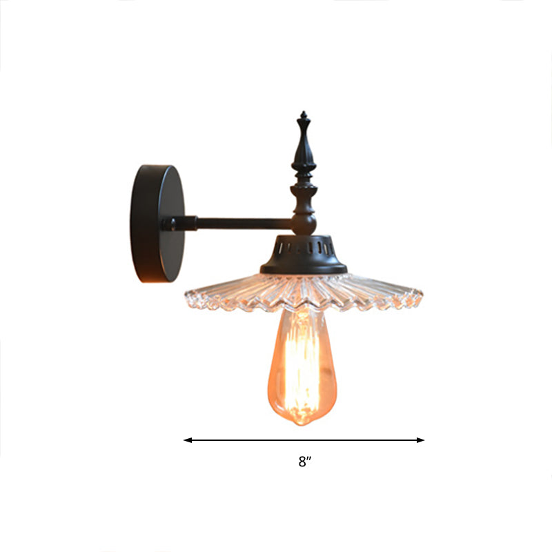 Industrial 1-Light Black Sconce With Clear/Green Glass Cone/Wide Flare For Living Room Wall