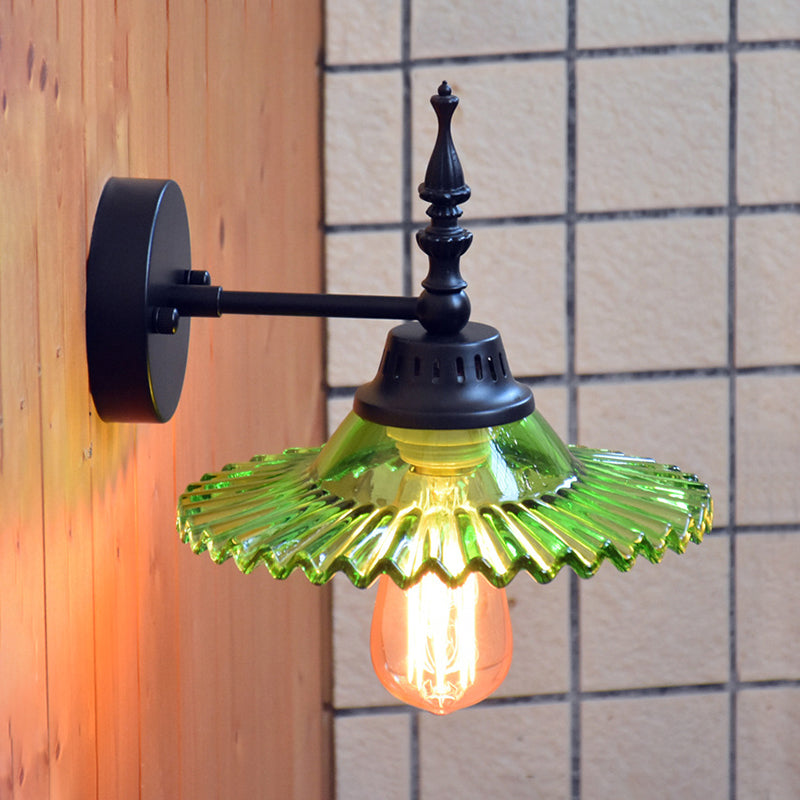 Industrial 1-Light Black Sconce With Clear/Green Glass Cone/Wide Flare For Living Room Wall Green /