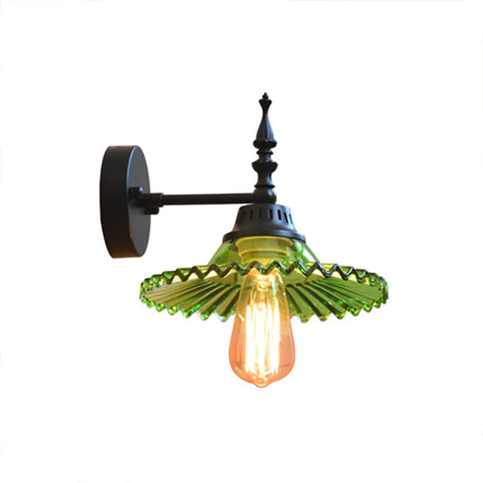 Industrial 1-Light Black Sconce With Clear/Green Glass Cone/Wide Flare For Living Room Wall