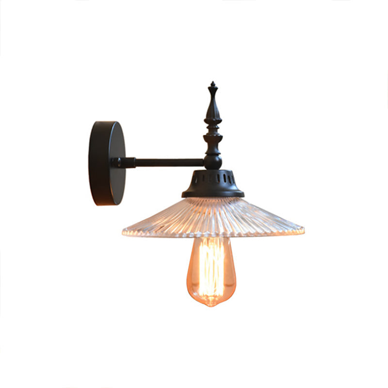 Industrial 1-Light Black Sconce With Clear/Green Glass Cone/Wide Flare For Living Room Wall