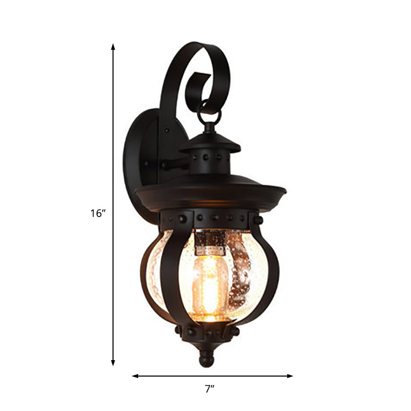 Rustic Black Lantern Wall Sconce With Seedy Glass - Bedroom Lighting Fixture