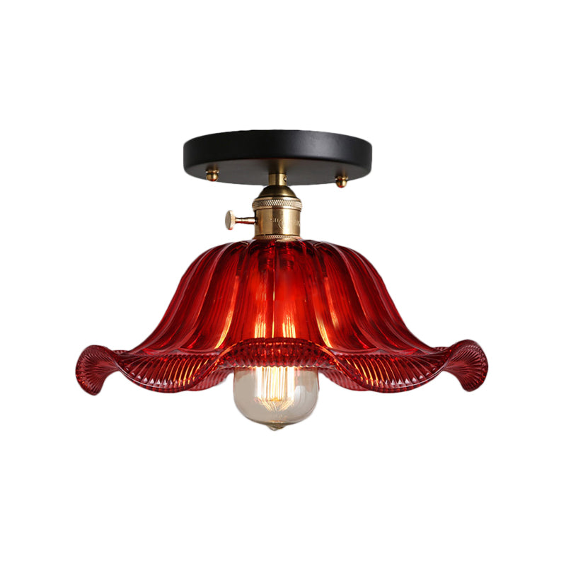 Rustic Ribbed Glass Scalloped Semi Flush Light, Red/Blue/Clear, 8"/10"/12" Wide