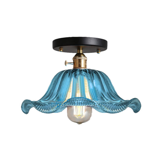 Rustic Ribbed Glass Scalloped Semi Flush Light, Red/Blue/Clear, 8"/10"/12" Wide