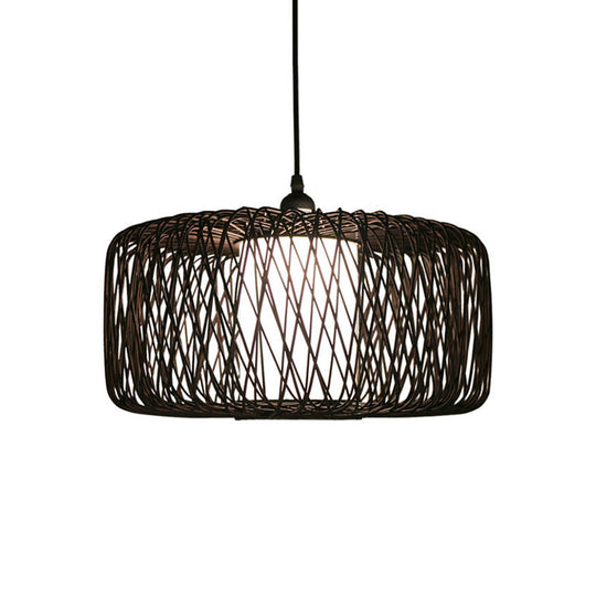 1-Light Restaurant Hanging Bamboo Drum Pendant Lamp, 16"/23.5" Wide, Black Shade Fixture