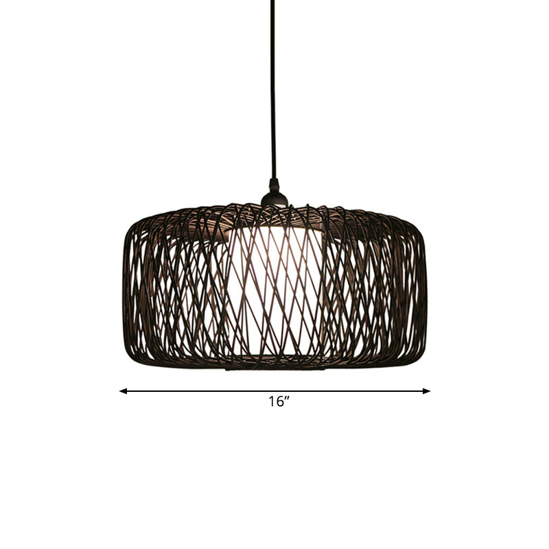 1-Light Restaurant Hanging Bamboo Drum Pendant Lamp, 16"/23.5" Wide, Black Shade Fixture