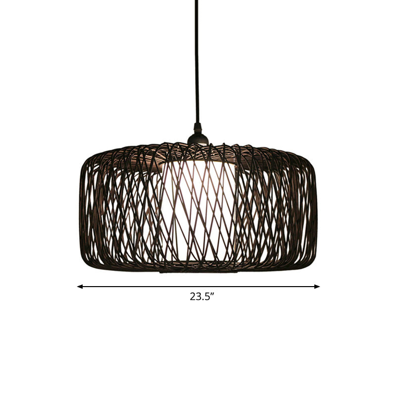 1-Light Restaurant Hanging Bamboo Drum Pendant Lamp, 16"/23.5" Wide, Black Shade Fixture