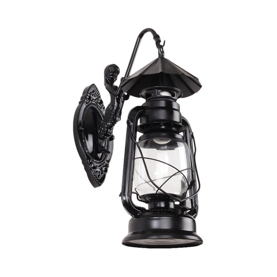 Coastal Single Bulb Kerosene Glass Wall Sconce In Black/Antique Brass For Living Room