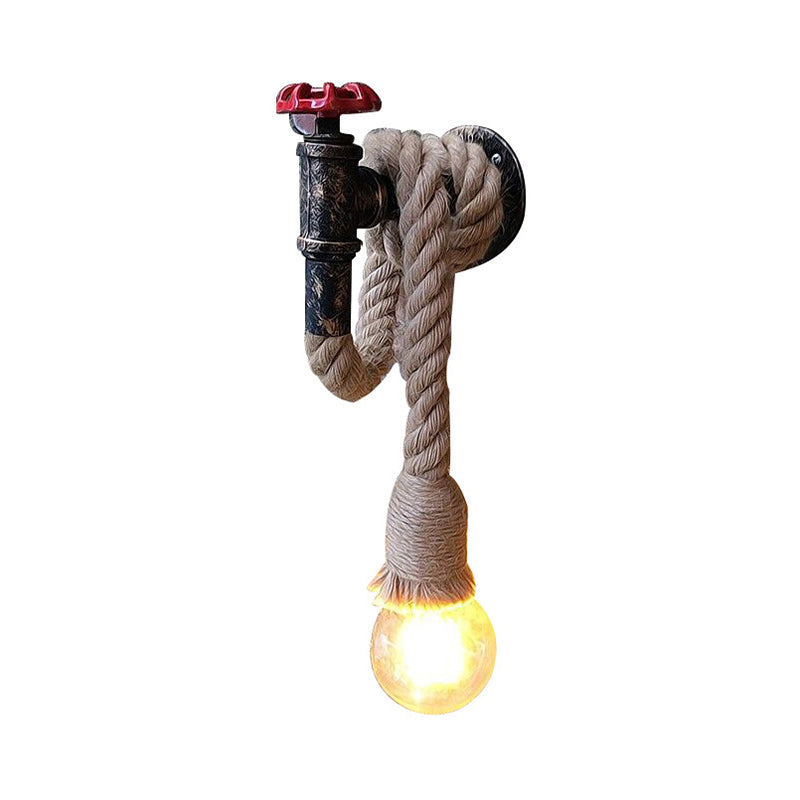 Lodge Style Water Pipe Wall Light With Hanging Rope - 1-Bulb Sconce Fixture In Beige