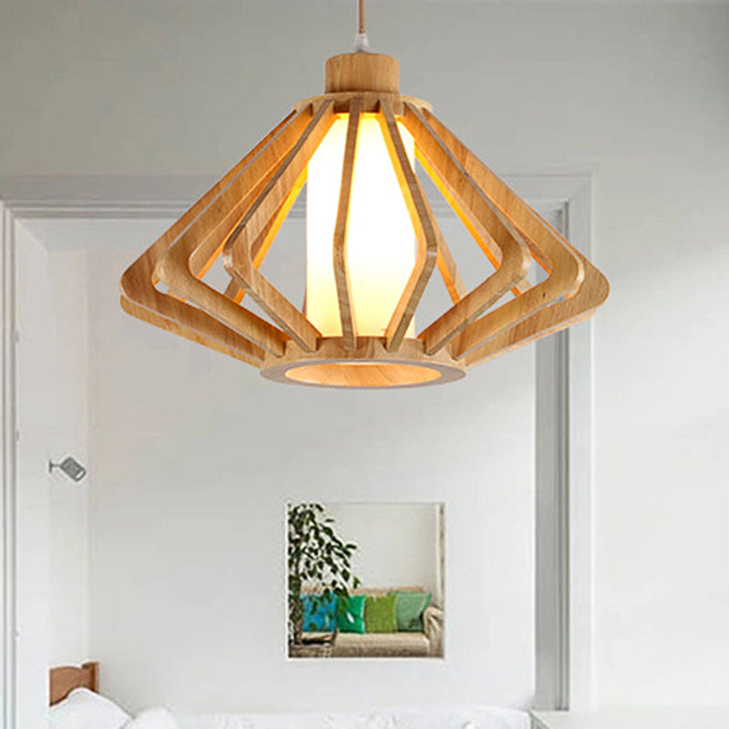 Modern 1-Bulb Wood Diamond Pendant Light With Cylinder Glass Shade - Natural 13/17 Wide / 13