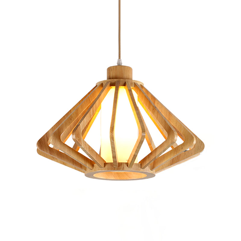 Modern 1-Bulb Wood Diamond Pendant Light With Cylinder Glass Shade - Natural 13/17 Wide